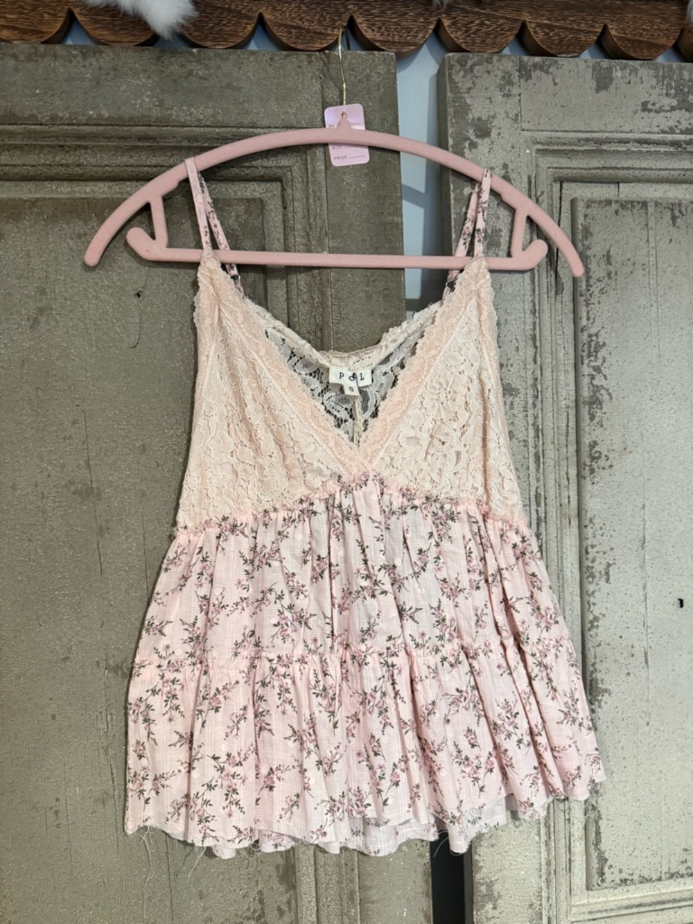 POL Pink Floral Lace Trim Tank Top
